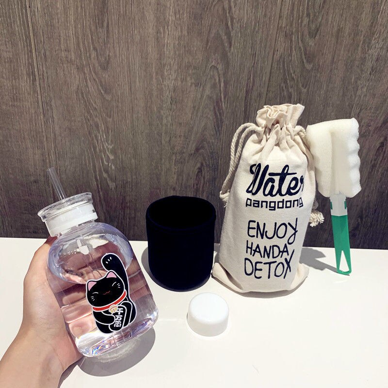 500ml chat chanceux bouteille en plastique sans BPA dessin animé Transparent/givré bouteilles d'eau étanche Drinkware mignon étudiant tasse: 6