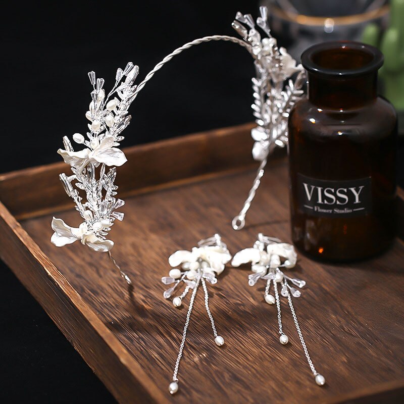 Koreanisch Stirnbänder für Frauen, Blume, Blatt Kristall Haar Perlen Ohrringe Schmuck-setzt für Braut Noiva Hochzeit FORSEVEN: 2
