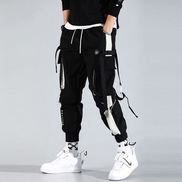 Pantalones bombachos para hombre, pantalón de chándal con cintas y múltiples bolsillos, de cintura elástica, informal, Color negro