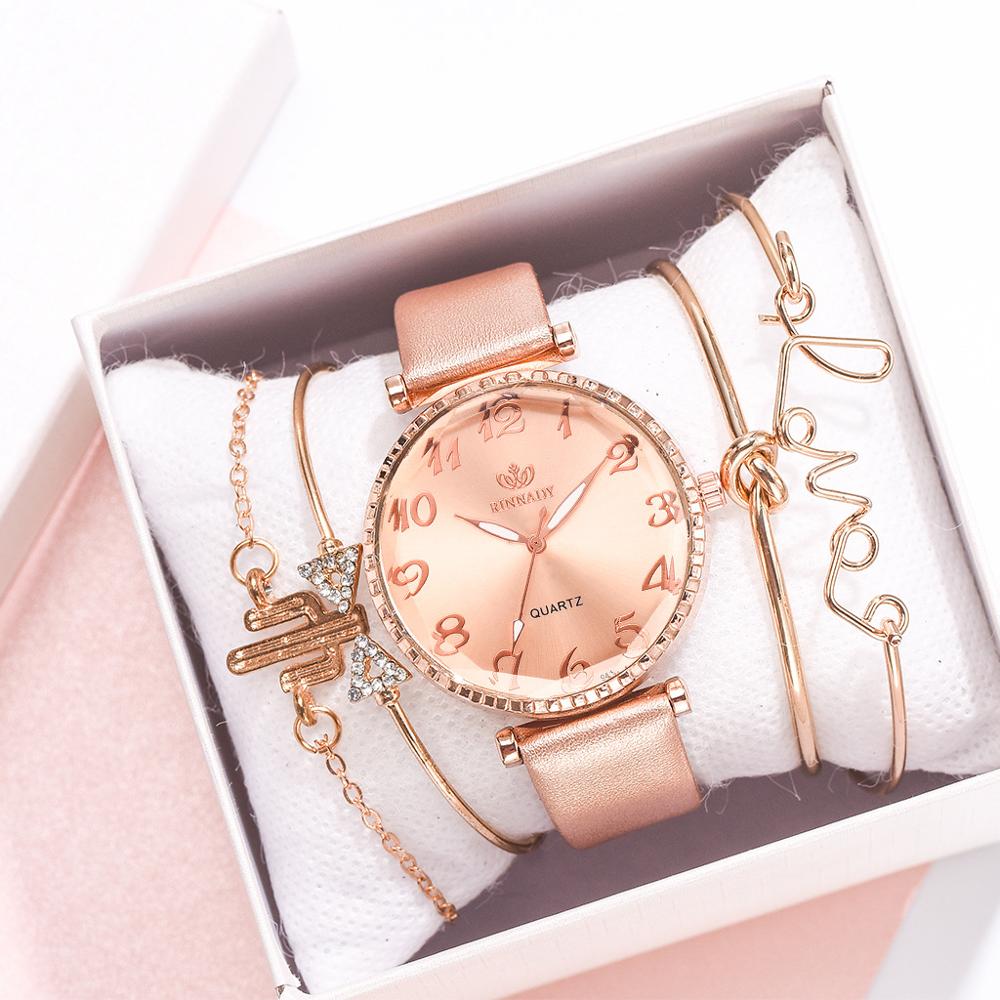 Montre Dame Lederen Band Quartz Horloge Mode Vrouwen Armband Armband Horloge Vijf Delige Set Persoonlijkheid Dameshorloge