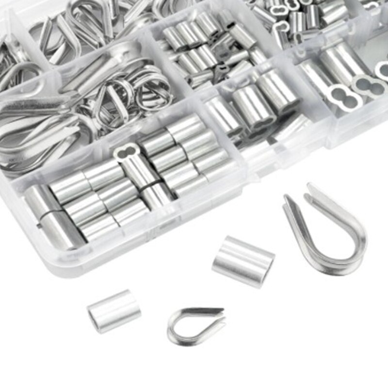 265Pcs Stainless Steel Wire Rope Cable Thimbles Combo and Aluminum Crimping Loop Sleeve Assortment Kit