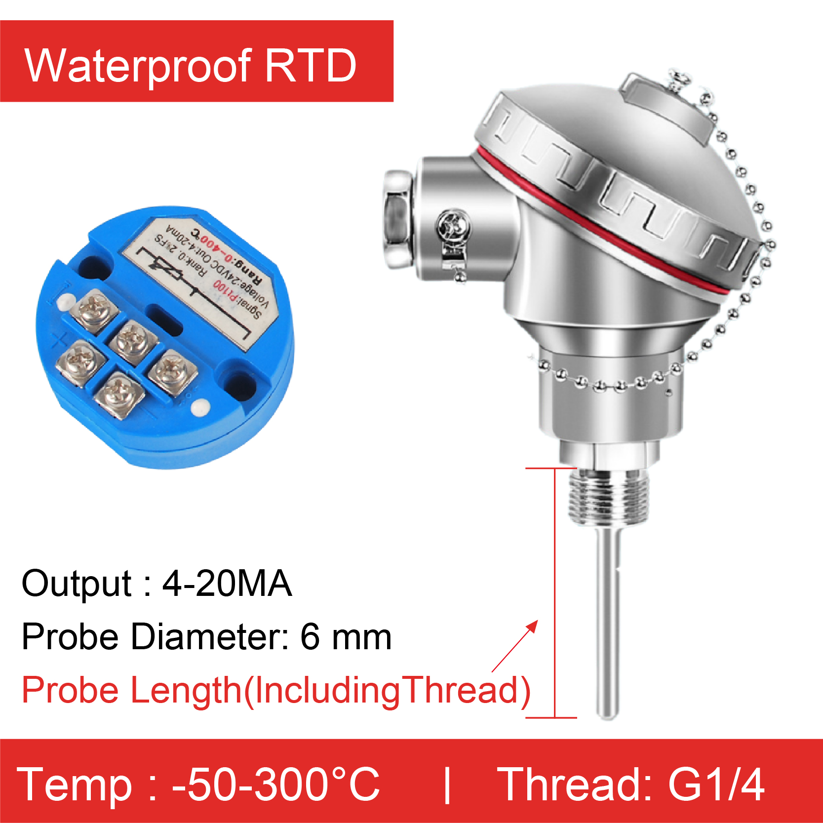 Waterproof RTD Sensor PT100 Temperature Probe Industrial High Precision Integrated Stainless Steel Threaded Temperature: Orange / 50mm