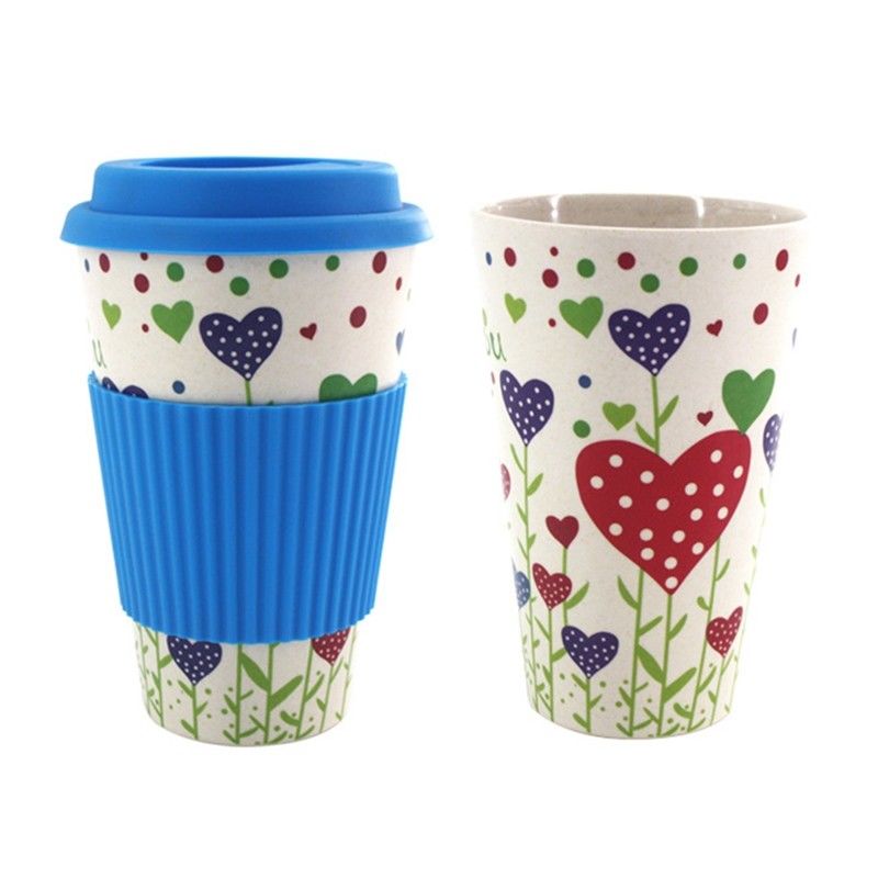 Portable Practical 400ml Reusable Bamboo Fibre Coffee Cups Fashionable Eco Friendly Printing Travel Mugs Useful: Blue