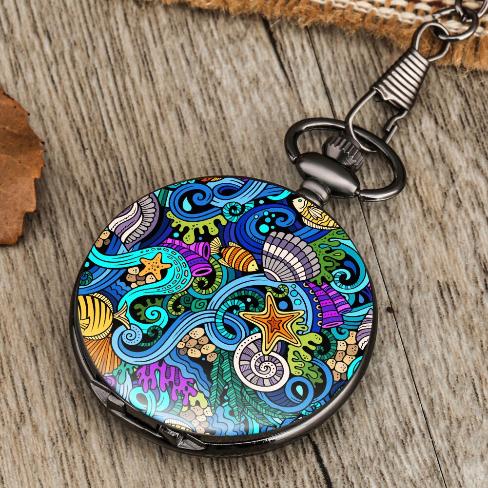 a la mar mundo patrón pintado reloj de bolsillo de los hombres COLLAR COLGANTE de las mujeres Cadena de aleación de Retro Relojes para amigo, Relojes