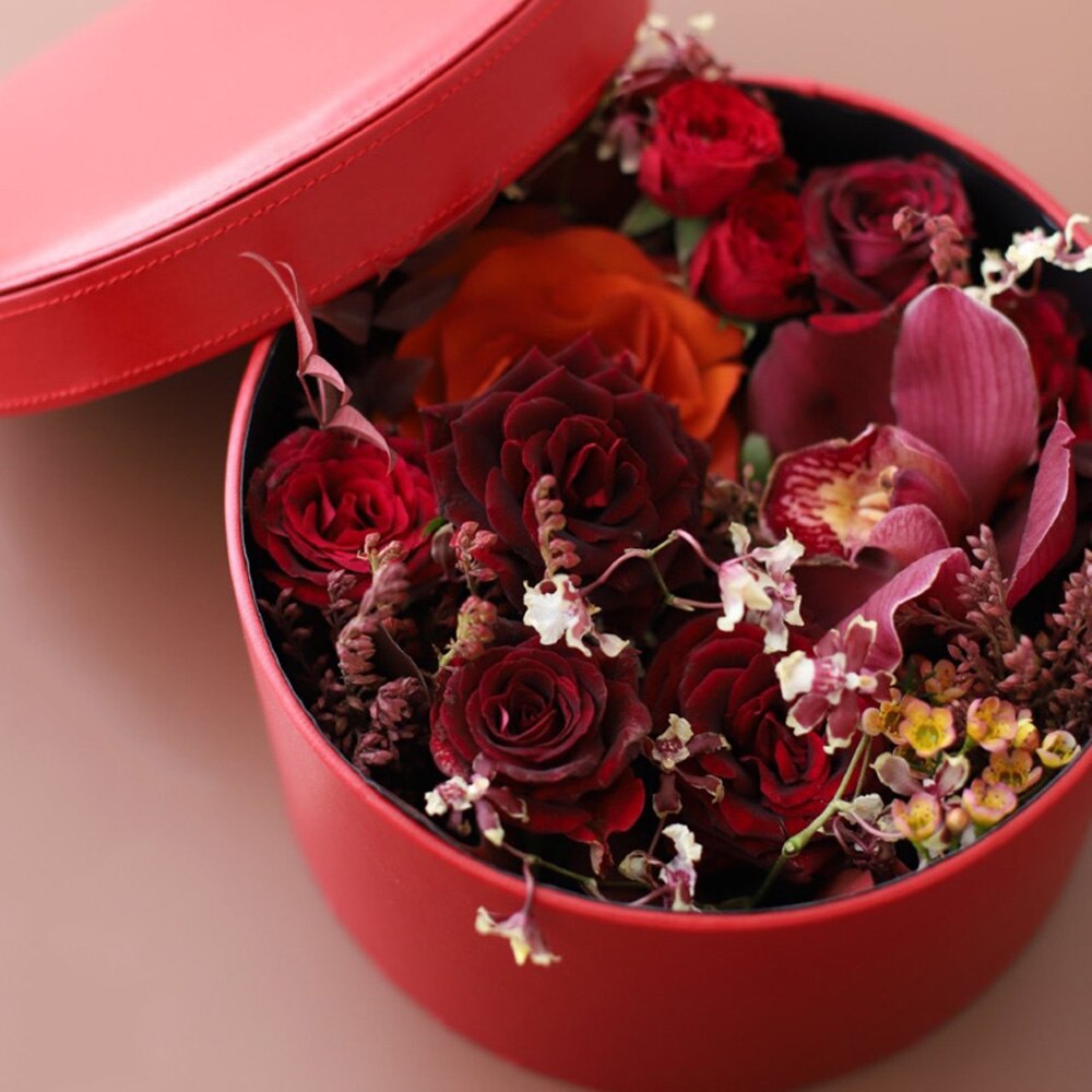 Blomsterspand rund læderæske blomsterhandler emballage buket indehaver boligindretning med låg til bryllupsdag fødselsdag valentinsdag
