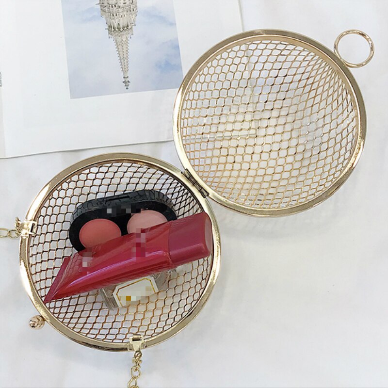 Moda oco bolsas de ombro feminino requintado metal cadeias redondas crossbody sacos para mulheres alta qualidade mini senhora mensageiro saco