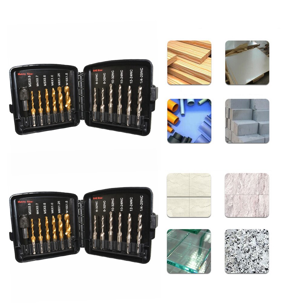 13pcs Tap Thread Metric Thread Tap Drill Bits Set M3-M10 Hex Shank Drill Bit Plated Screw Compound Tap and Drill Hand Tool Sets