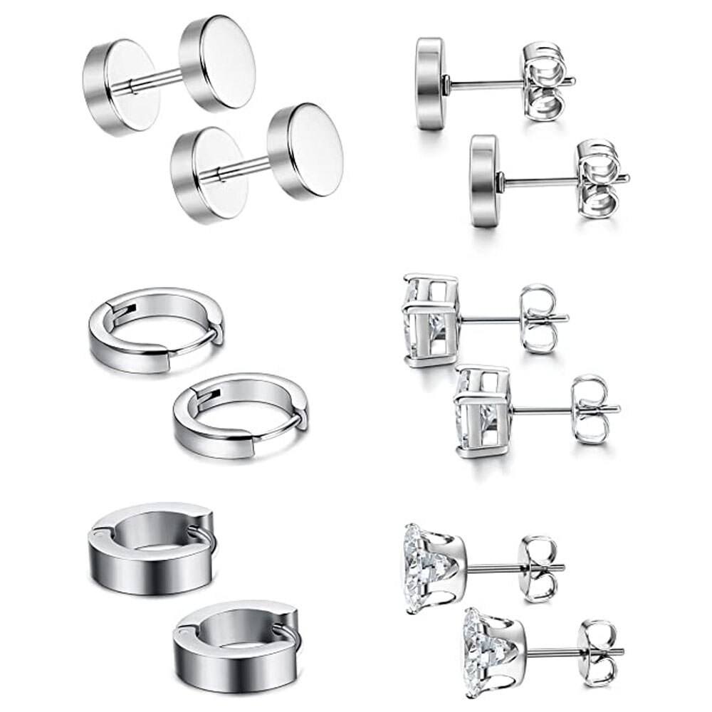 6 Pairs Stainless Steel CZ Stud Earrings for Women Mens Huggie Hoop Earrings Ear Piercing Silver