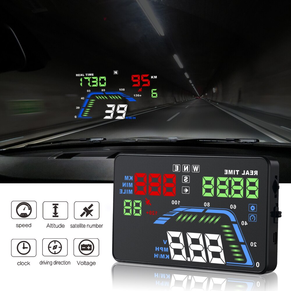 Car Head Up Display 5.5 Inch Multi Color Auto HUD GPS Display Car Speedometers Overspeed Warning Dashboard Windshield Projector