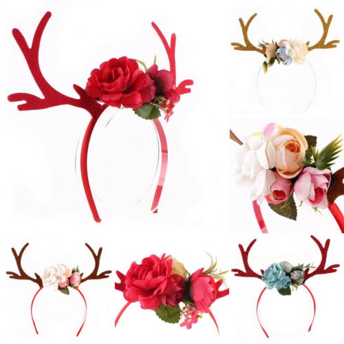 Diadema navideña para niña y mujer, disfraz cuernos de ciervo y flores, diadema para orejas, diadema para , vacaciones, novedad de Navidad
