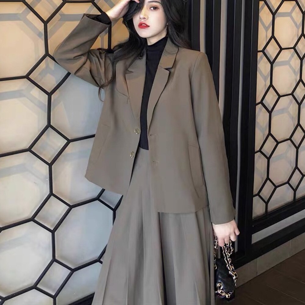 Alta qualidade outono coreano ol duas peças conjunto feminino casual blazer casaco + cordão saia plissada ternos senhoras 2 peça conjunto