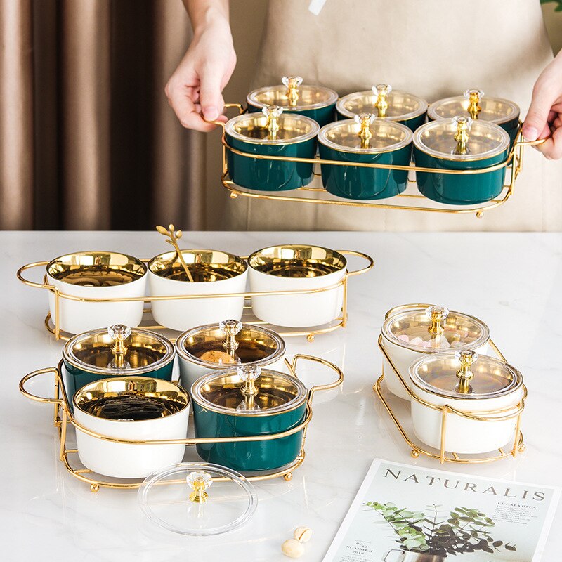 Nordic Ceramic Square Platter Snack Plate Dry Fruit Cake Plate Fruit Plate Divided Iron 2/3/4/6 Grid Nut Pastry Bowl