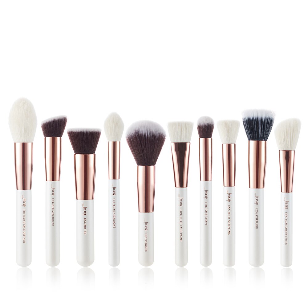 Jessup-pinceles de maquillaje, para base en polvo, maquillaje en polvo, color blanco perla/oro rosa, Definidor facial, pelo natural, 10 Uds.: G2-T226-10PCS
