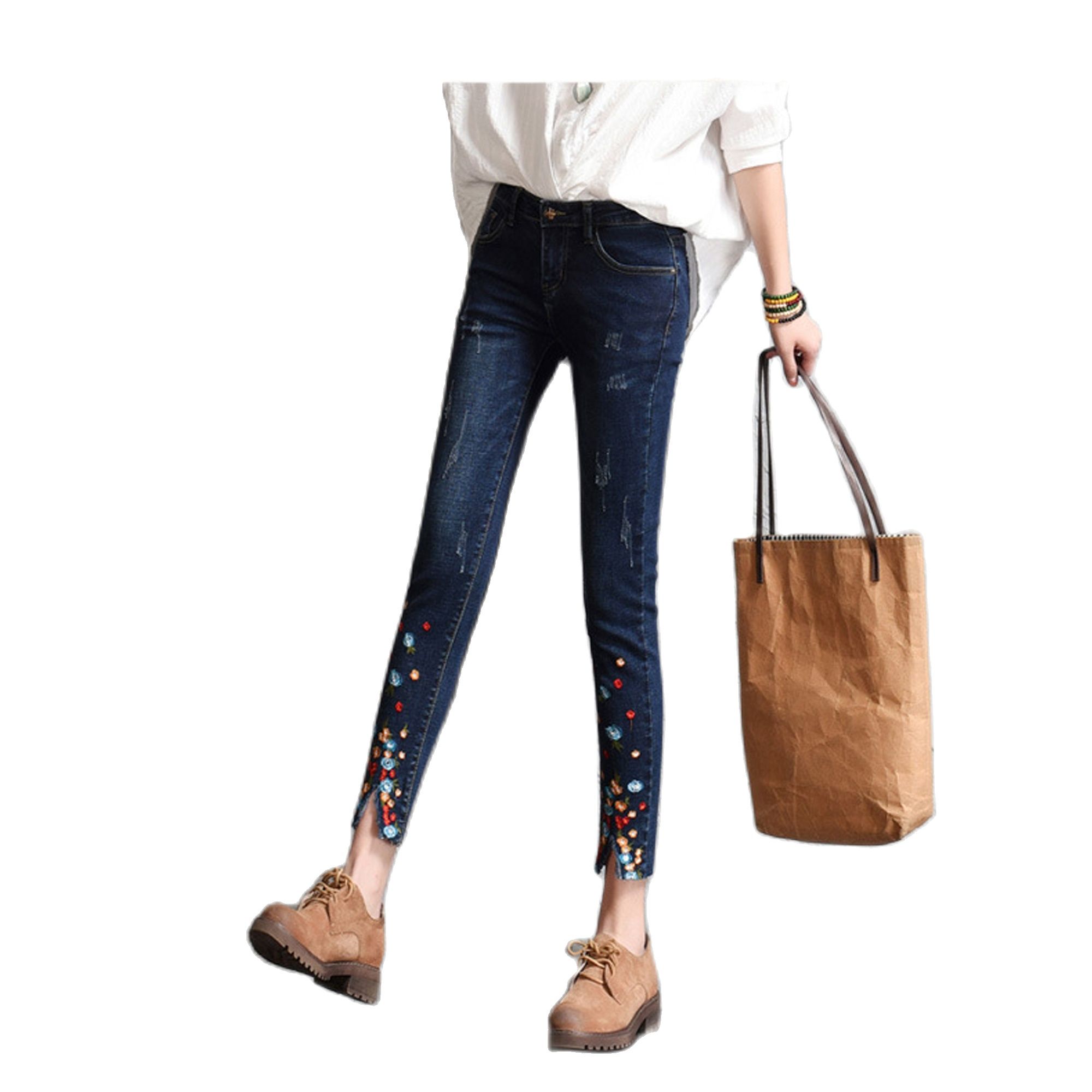 Cholyl Stretch Geborduurde Jeans Voor Vrouwen Elastische Bloem Jeans Vrouwelijke Potlood Denim Broek Kleine Bloem Patroon Pantalon Femme