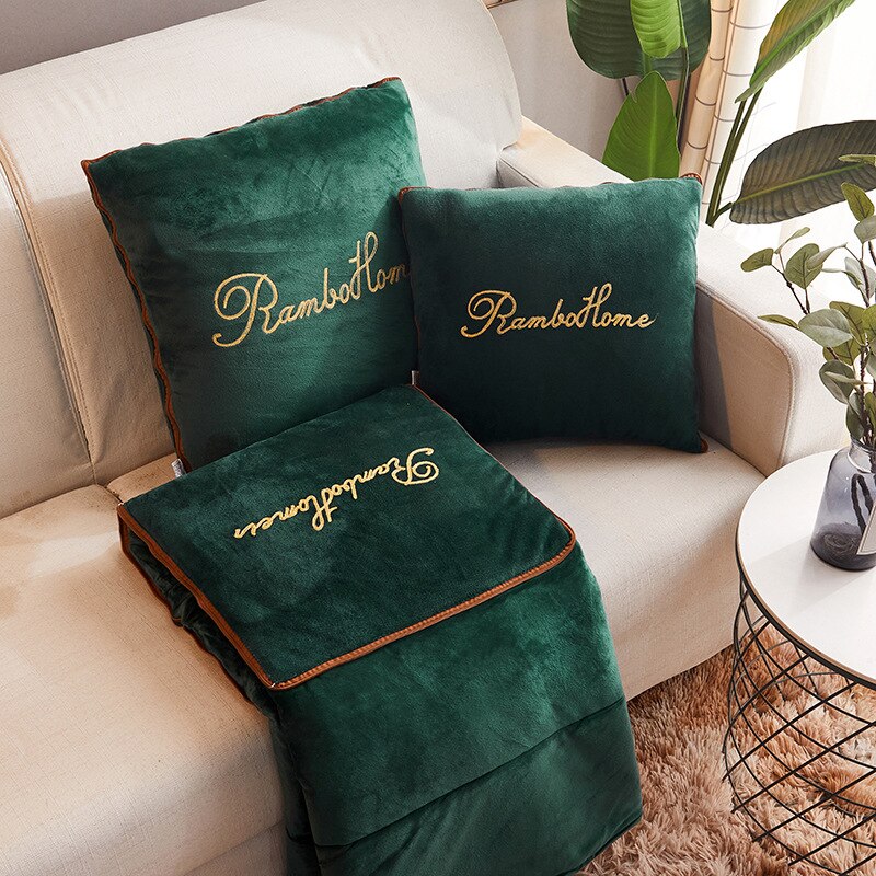 Manta de almohada 2 en 1 para el hogar, cojín grueso de terciopelo cálido para el cuerpo, sofá, plegable, aire acondicionado, edredón para habitación, coche de viaje, decoración: dark green (1piece) / 50x50 open 145x190cm