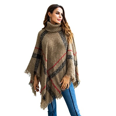 NORA TWIPS Women Sweater Plus Size Women's Wool Plaid Cardigan Turtleneck Cape Batwing Sleeve Knit Poncho Sweater: Brown / M