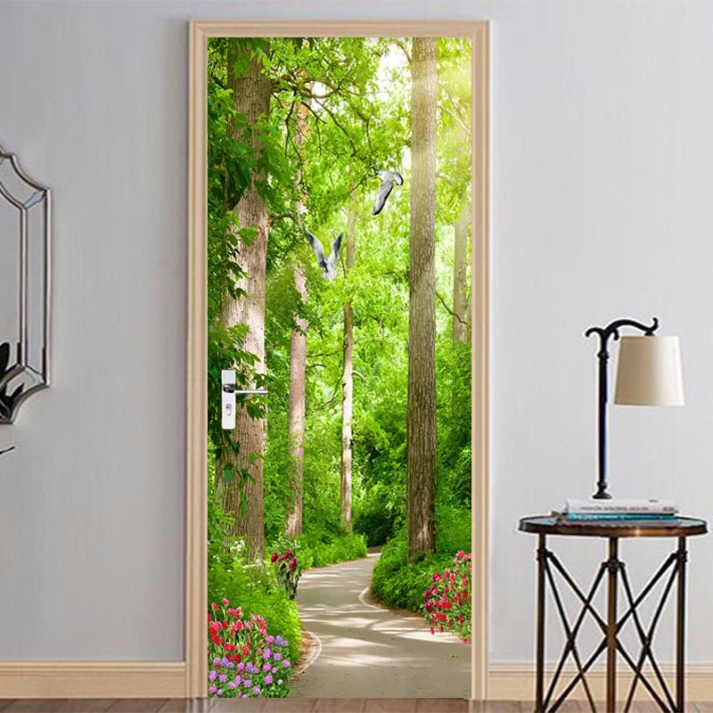 3D Muur Deur Sticker Groen Bos Path Landschap Behang Woonkamer Slaapkamer Home Decor Plakken PVC Zelfklevende 3D deur Decal