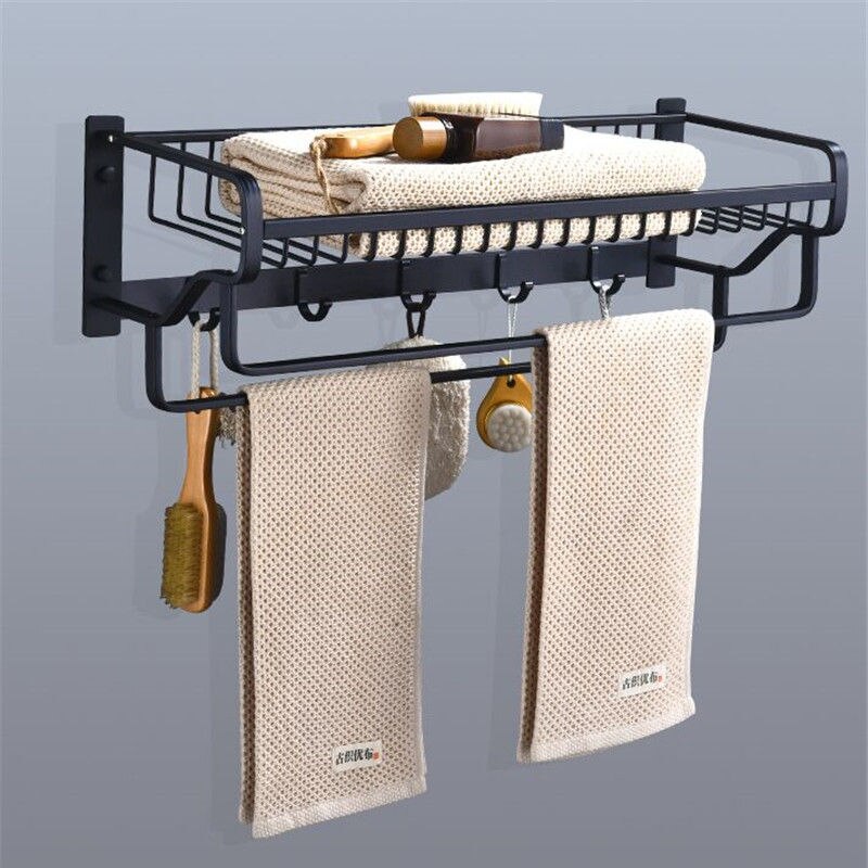 Towel Rack Aluminum Wall Mounted Nail Punched Towel Holder Black Matte Towel Hanger Bathroom Accessories Bath Hardware 57cm