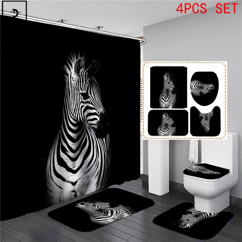 Animal Print Black Shower Curtains Lion Tiger 3D Bathroom Curtain Set Anti-slip Bath Mat Soft Toilet Lid Cover Home Rugs Carpets: 4PCS SET-B