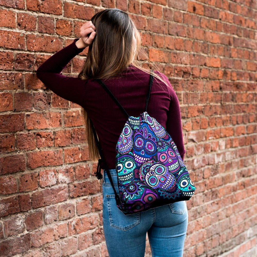 Mochila de almacenamiento con cordón para mujer, bolsa de a la con estampado de calavera 3D, bolsa de viaje portátil impermeable