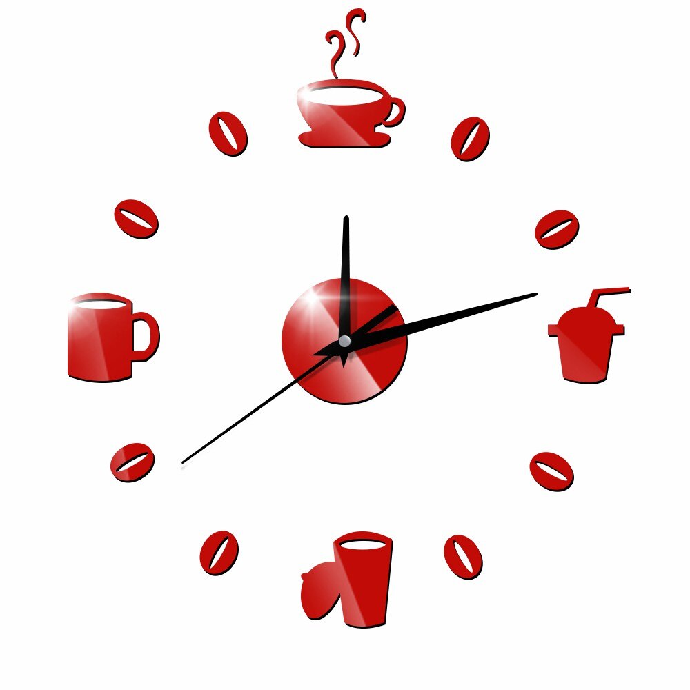 Reloj de pared silencioso para cocina, pegatinas de pared con efecto espejo acrílico, decoración moderna de cuarzo, granos de café, bricolaje: Rojo