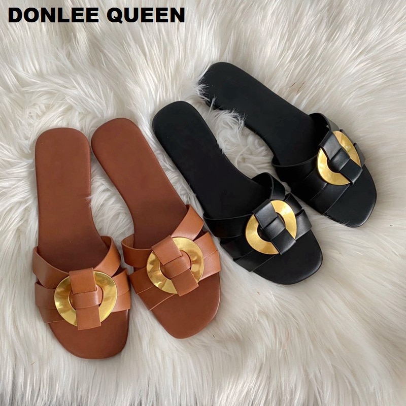 Zomerslippers damesmerk slide flat casual sandaal dames strand slippers metalen gesp pantoffel grote maat 41 schoenen vrouw
