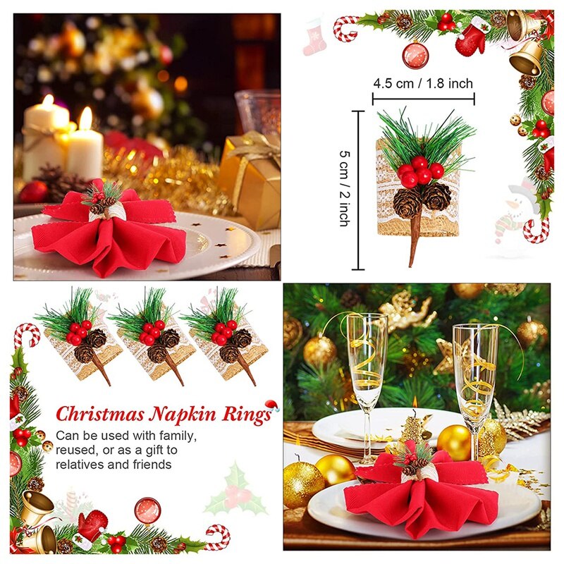 6 Stuks Kerst Servetringen Jute Servet Houders Handgemaakte Door Kunstmatige Pine Kegels &amp; Bessen, Servet Gespen Voor Bruiloft