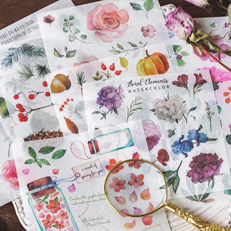 10 hojas de pegatinas de papel para decoración de viaje con Cactus y flores para alimentos, pegatinas para decoración de diario DIY, álbum de recortes