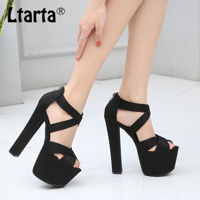 LTARTA17Cm scène Catwalk Super haut talon grossier talon sandales fermeture éclair noir talons hauts femme été femmes sandales ZYW