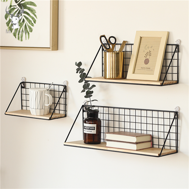 Home Office Wall Shelf Rack Iron Wooden Shelf for Kitchen Bedroom Office Decorative Wall Shelves Organizer DIY Desk Storage Rack