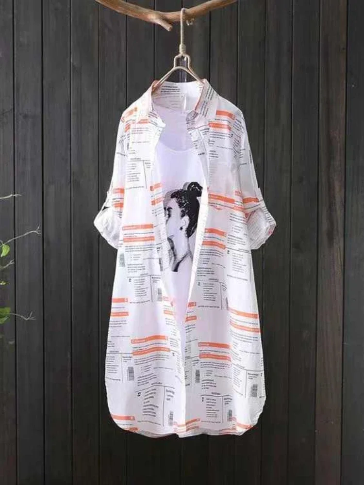 Plus size afslappet print bogstaver mellemlang bluse kvinder efterårsbluse langærmede skjorter koreansk stil damebluser chikke bluser: L / Orange rød