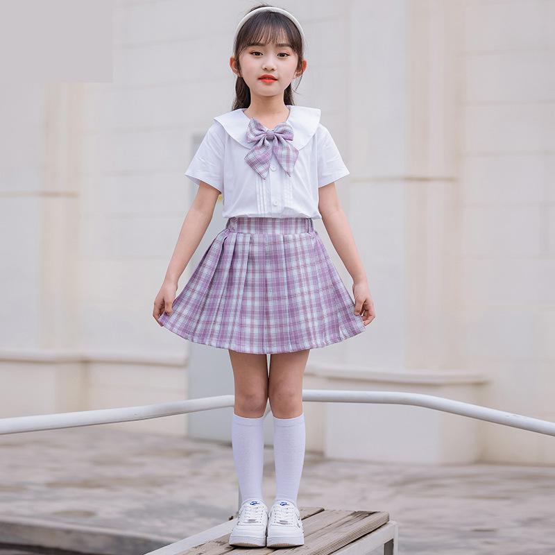 Girls Boys Primary School Uniform Set Children Jk Summer Academy Performance Class Plaid Pleated Skirt Short Sleeve Shirt Suit