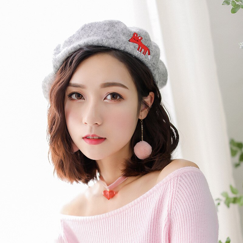 Køligt forår efterår vinter kunstner hue hue kvinder piger maler kasket baret broderi smil ansigt kat rose solid hue baret hat: Rosegrå