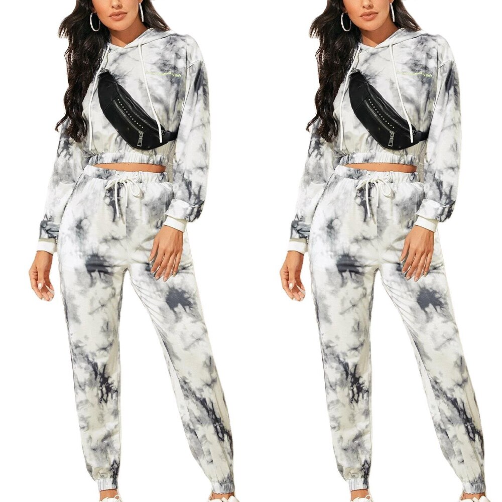 Tie-Dye Print Vrouwen Gym Kleding Set Hooded Lange Mouwen Cropped Tops Joggingbroek Dames Casual 2 Stuk sportkleding