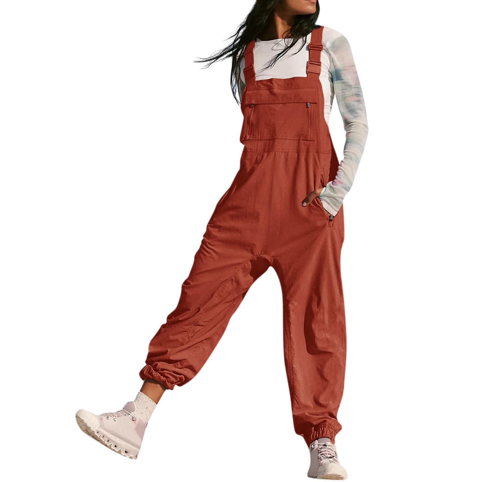 Kombinezony damskie Letnia moda Casual Luźne kombinezony z szerokimi nogawkami Jednokolorowe kieszenie z wkładkami Retro Kombinezony z paskiem na guziki: XXL / GINGER