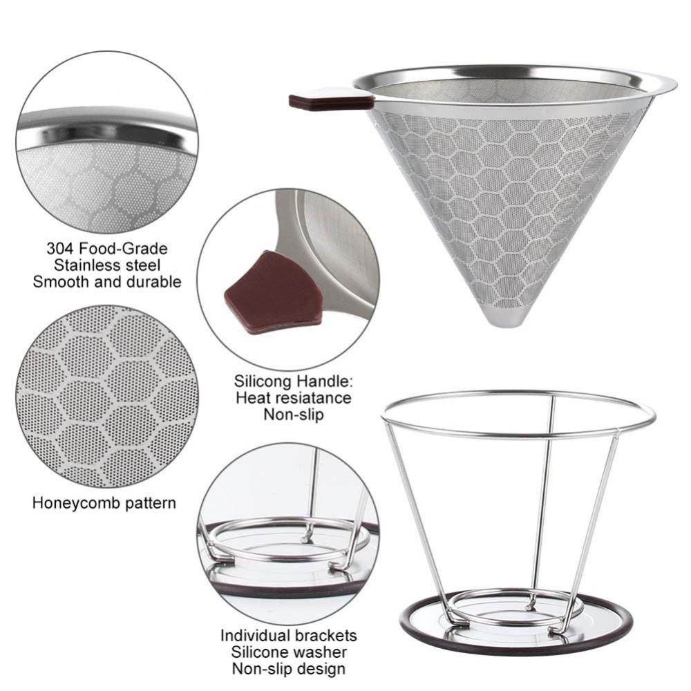 Reusable Coffee Filter Durable Stainless Steel Holder Mesh Funnel Baskets Coffee Filter Pour Over Dripper Strainer Coffee Tool