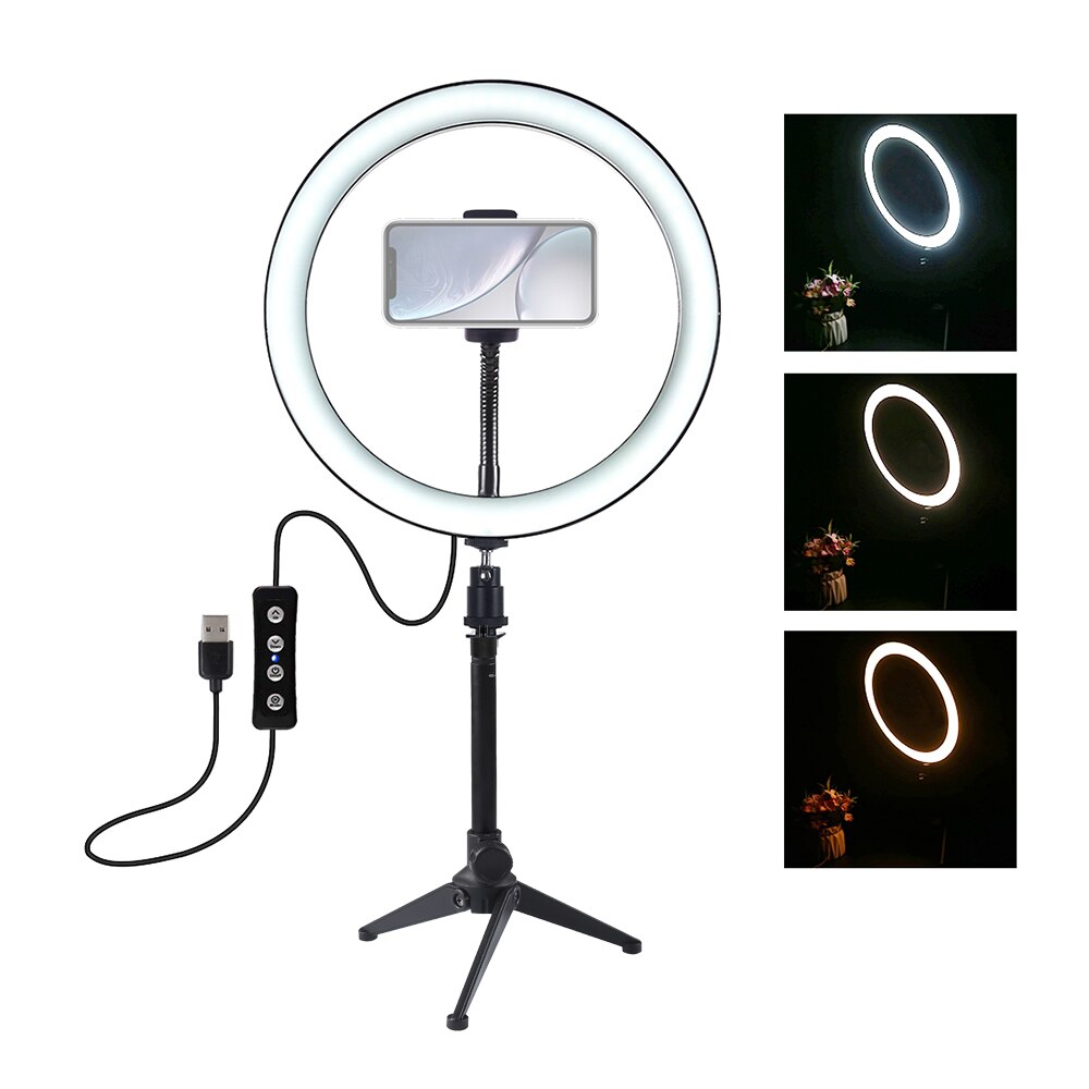 4 Option Portable Mini LED Ring Light photography lighting Desktop Ringlight Adjustable+Tripod Stand Selfie Stick Mount Holder