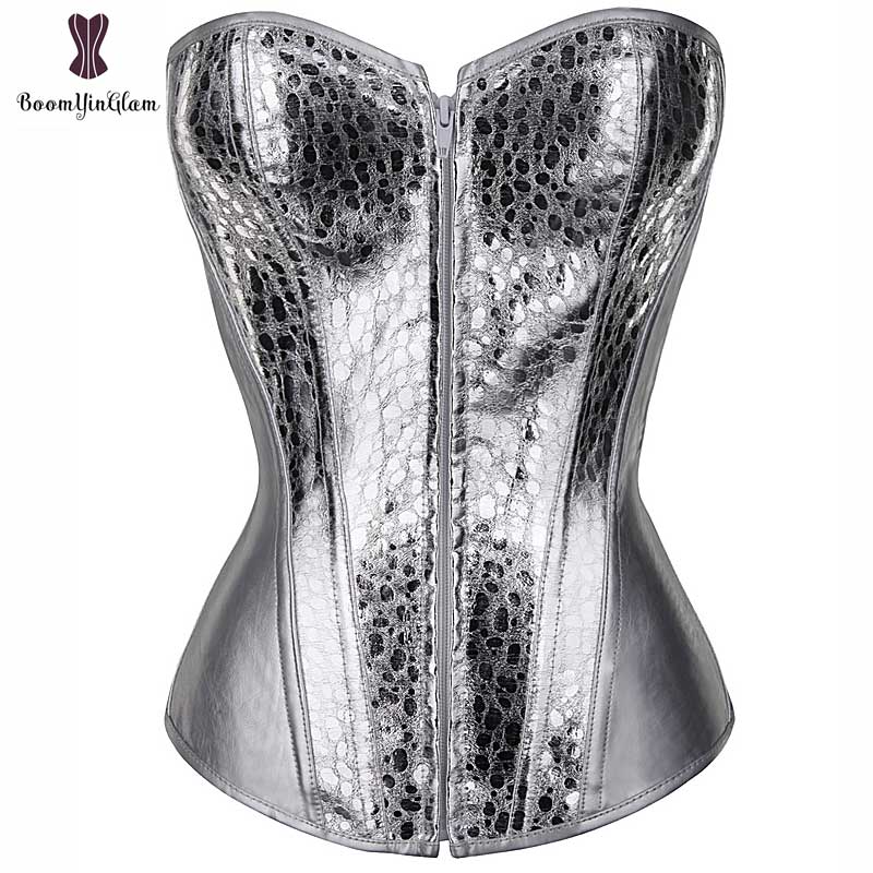 Silver Corset Top Shining Twinkle Faux Leather Overbust Bustier Front Zipper Blink Corselet Elastic Boned Gothic Clubwear Korset: 856 half silver / XXL