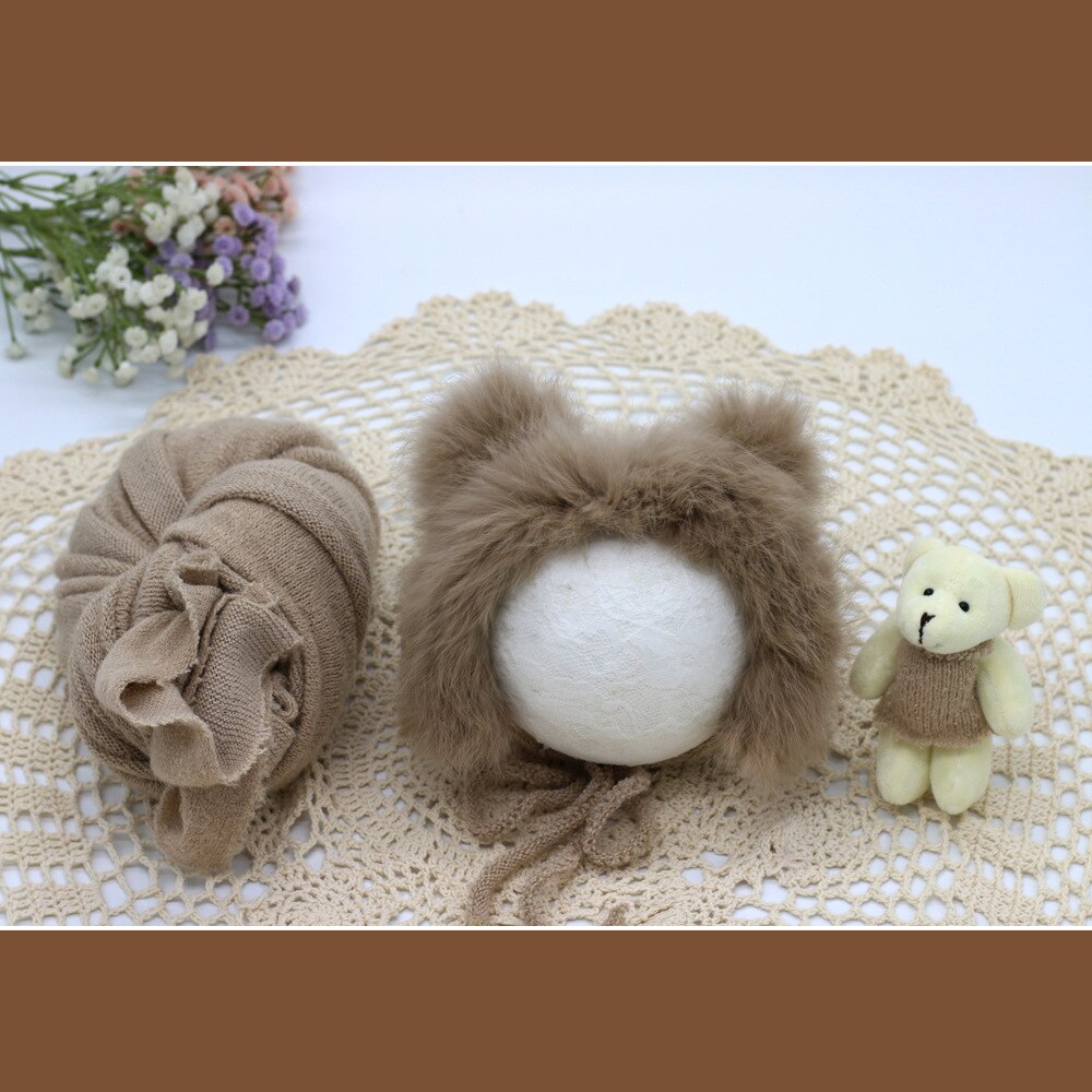 3pcs/set Newborn Photography Props Blanket Hat Baby Photography Wrap Props Bear Doll Baby Photo Shoot Accessories: khaki