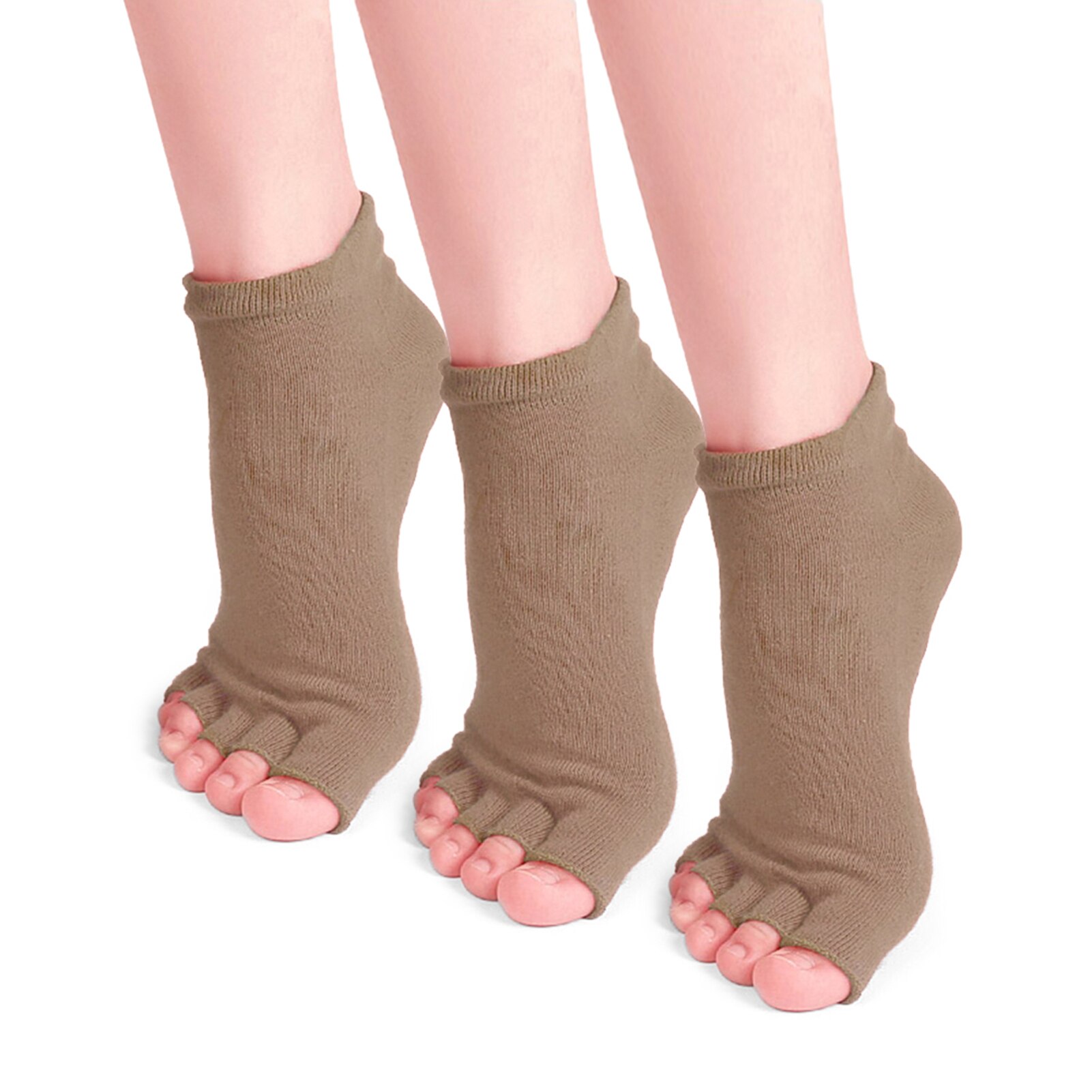 3/1Pair Half Toe Yoga Socks Non-Slip Peep Toe Anti-Slip Pilates Ankle Grip Durable Open Half Five Fingers Cotton Yoga Socks: Khaki-3 pairs