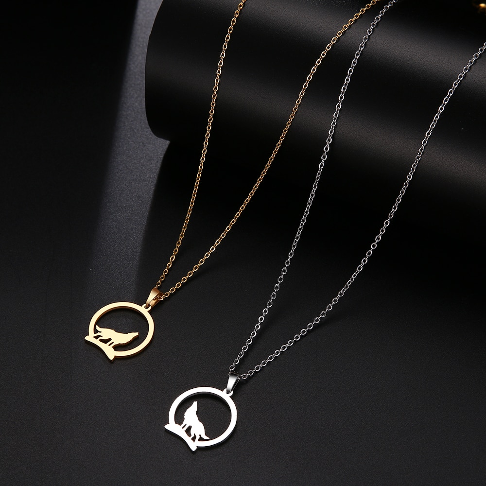 DOTIFI Stainless Steel Necklace For Women Man Wolf On The Hill Pendant Choker Necklace Engagement Jewelry