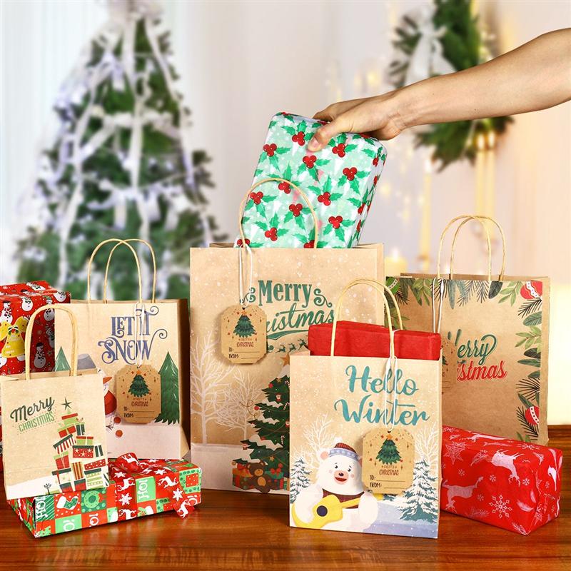Kerstcadeau Zakken Papieren Traktatiezakken Kraft Goodies Party Gunsten Supplies Met 28Pcs Tissuepapier 28Pcs Opknoping tags