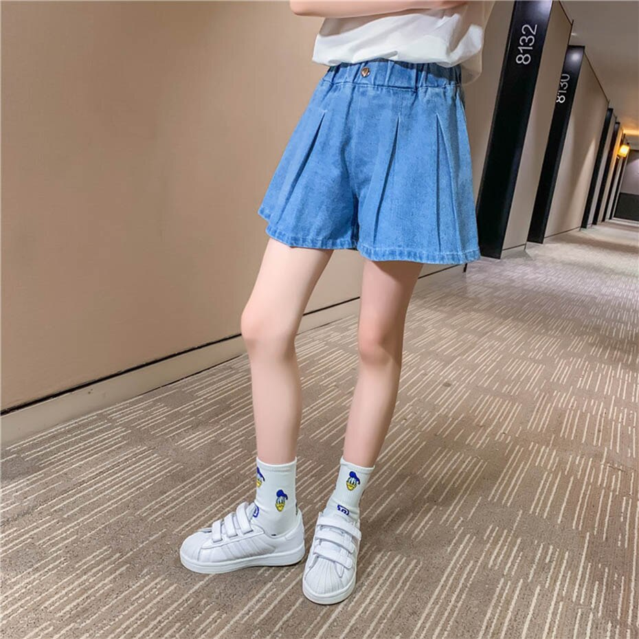 Girls Short Jeans Ruched Girl Summer Jeans Child Solid Color Kids Jeans Elastic Waist Children's Clothing 6 8 10 12 14
