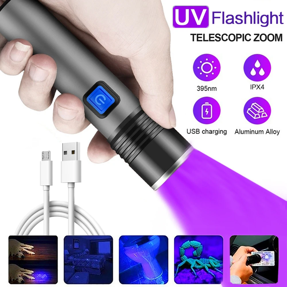 Usb-oppladbar uv-lommelykt med 395nm- zoombare svarte lys til neglegel, skorpionjakt og insektdeteksjon (kraftfull aluminiumslegering): Grønn