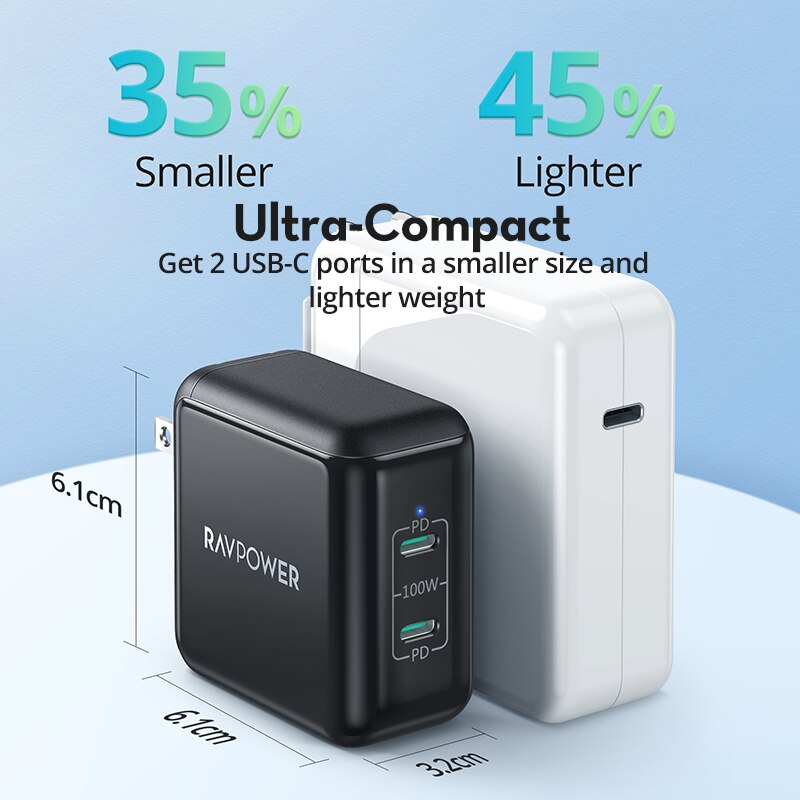 Ravpower 100W Gan Usb C Lader Quick Charge 3.0 Pd Snelle Opladen Krachtige Genoeg Met E-Mark Chipset vouwen Voeten Te Dragen