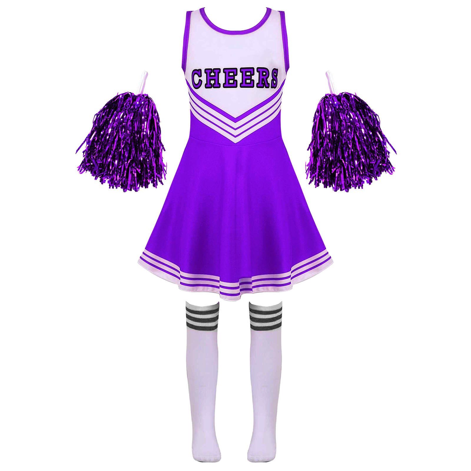 Uniforme de animadora para niños y niñas, traje de baile sin leeveless con cuello redondo y letras estampadas, vestido de baile, flores y calcetines: Purple / 110