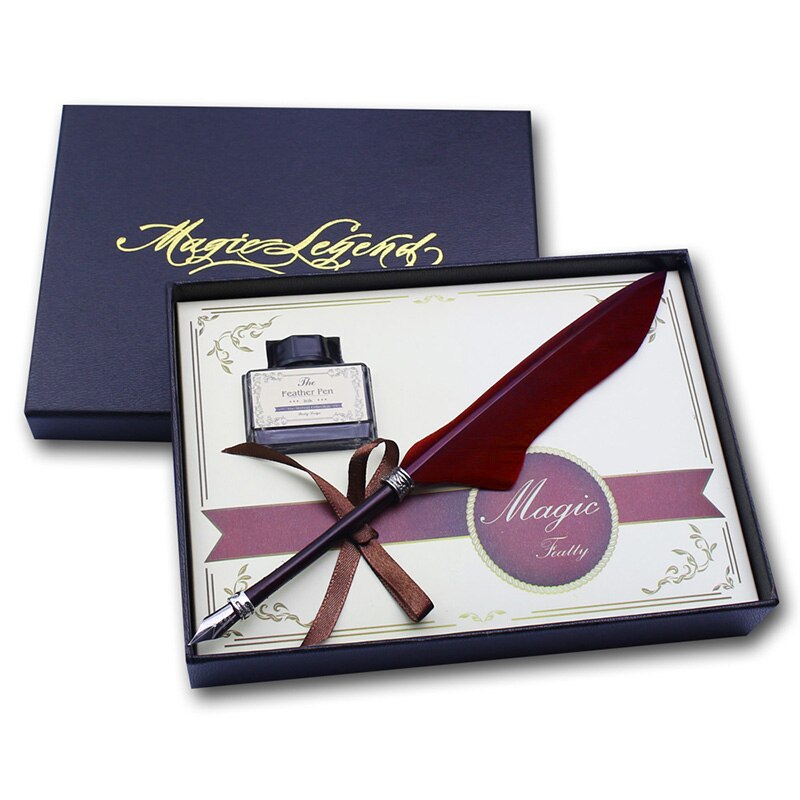 Mini Antique Europe Style Feather Pen Set Quill Calligraphy Writing Pen: Burgundy