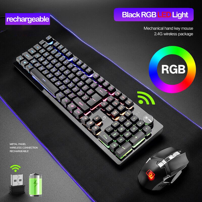 Wireless Gaming Keyboard and Mouse Mechanical Feeling RGB Keyboard Backlit Gamer Mouse 2400dpi Laptop PC Keyboards Rechargable: RGB black
