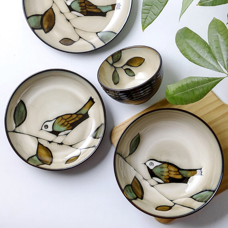Vintage Handpainted Bird Plates Underglaze Ceramic Dinner Serving Dishes Salad Rice Soup Bowls Kitchen Dinnerware Microwave Safe