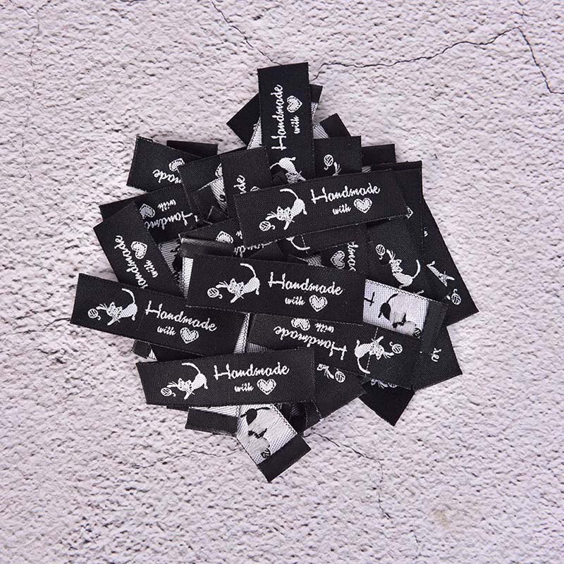 50 sztuk DIY flaga etykiety na szycie ubrań akcesoria tkane ręcznie z miłością kot maszyna robić szycia naszywki na odzież tłoczone tagi